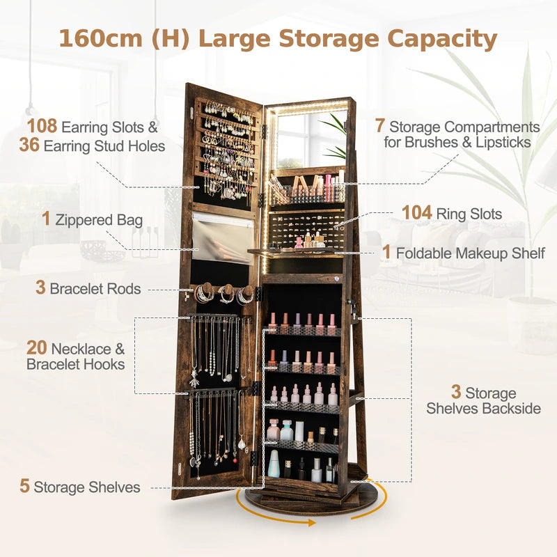 360 Swivel Jewelry Cabinet with LED Lights,  Foldable Shelf-Brown
