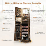 360 Swivel Jewelry Cabinet with LED Lights,  Foldable Shelf-Brown