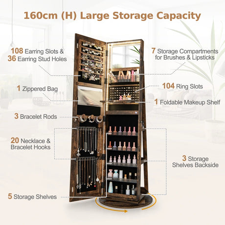 360 Swivel Jewelry Cabinet with LED Lights,  Foldable Shelf-Brown