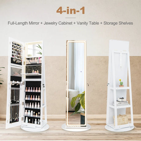 360 Swivel Jewelry Cabinet with LED Lights,  Foldable Shelf-White