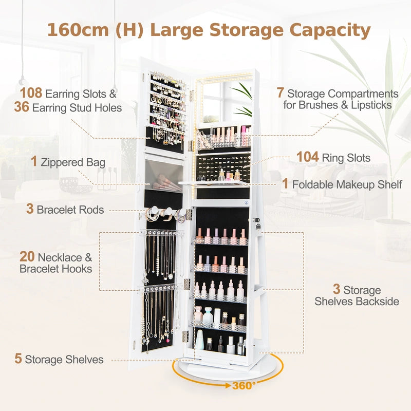 360 Swivel Jewelry Cabinet with LED Lights,  Foldable Shelf-White
