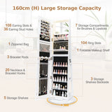 360 Swivel Jewelry Cabinet with LED Lights,  Foldable Shelf-White