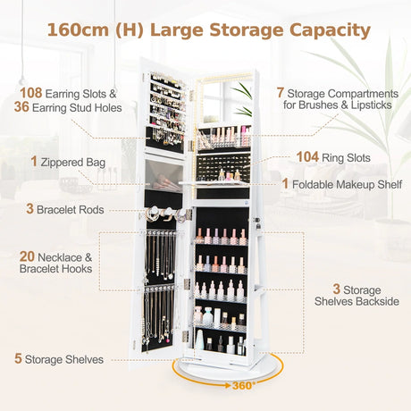 360 Swivel Jewelry Cabinet with LED Lights,  Foldable Shelf-White