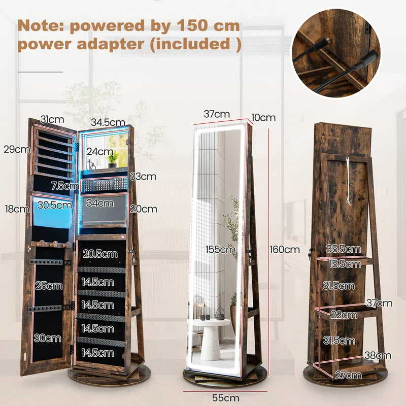 360 Swivel Jewelry Cabinet with LED Lights,  Foldable Shelf-Brown