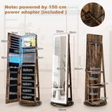 360 Swivel Jewelry Cabinet with LED Lights,  Foldable Shelf-Brown