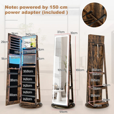 360 Swivel Jewelry Cabinet with LED Lights,  Foldable Shelf-Brown