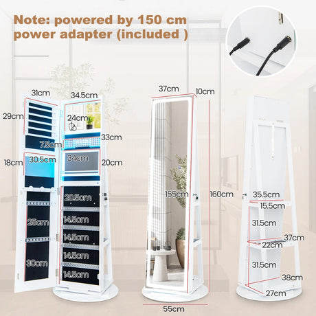 360 Swivel Jewelry Cabinet with LED Lights,  Foldable Shelf-White