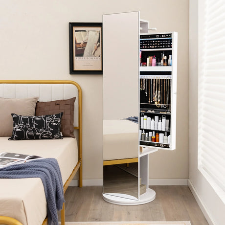 360-Degree Swivel Jewelry Cabinet Armoire with Full Length Mirror and Coat Rack-White