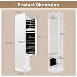 360-Degree Swivel Jewelry Cabinet Armoire with Full Length Mirror and Coat Rack-White