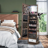 Lockable 360 Swivel Jewelry Cabinet with Full-Length Mirror LED Lights-Rustic Brown