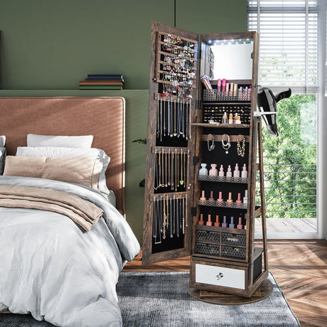 Lockable 360 Swivel Jewelry Cabinet with Full-Length Mirror LED Lights-Rustic Brown