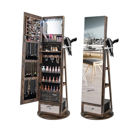 Lockable 360 Swivel Jewelry Cabinet with Full-Length Mirror LED Lights-Rustic Brown