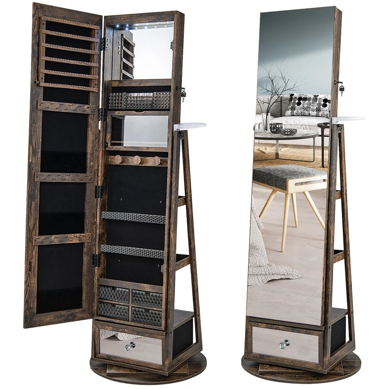 Lockable 360 Swivel Jewelry Cabinet with Full-Length Mirror LED Lights-Rustic Brown