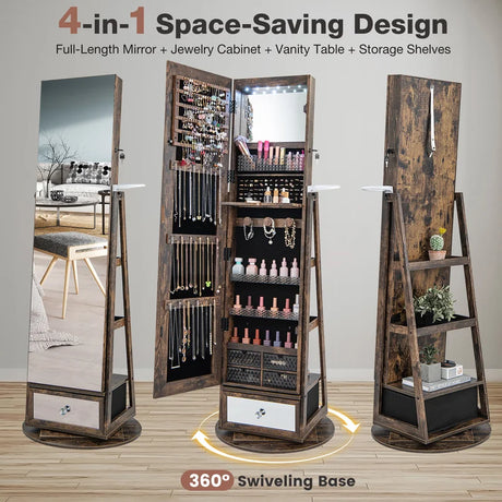 Lockable 360 Swivel Jewelry Cabinet with Full-Length Mirror LED Lights-Rustic Brown