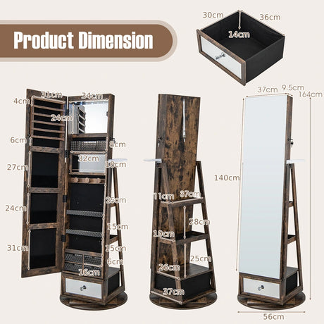 Lockable 360 Swivel Jewelry Cabinet with Full-Length Mirror LED Lights-Rustic Brown