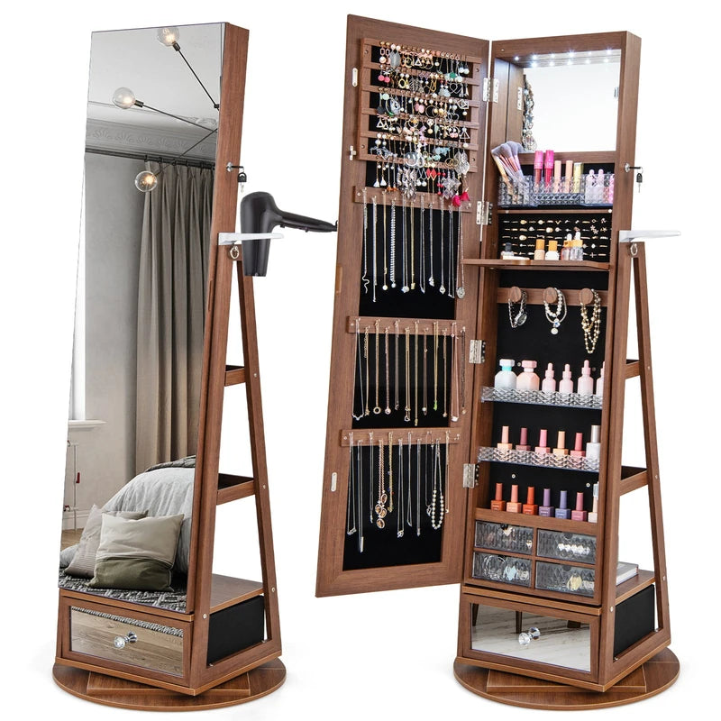 Lockable 360 Swivel Jewelry Cabinet with Full-Length Mirror LED Lights-Walnut