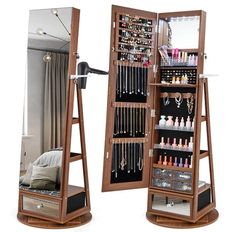 Lockable 360 Swivel Jewelry Cabinet with Full-Length Mirror LED Lights-Walnut
