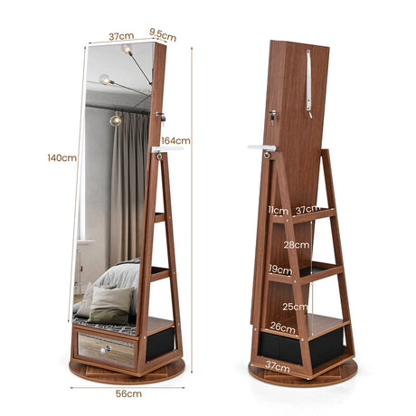 Lockable 360 Swivel Jewelry Cabinet with Full-Length Mirror LED Lights-Walnut