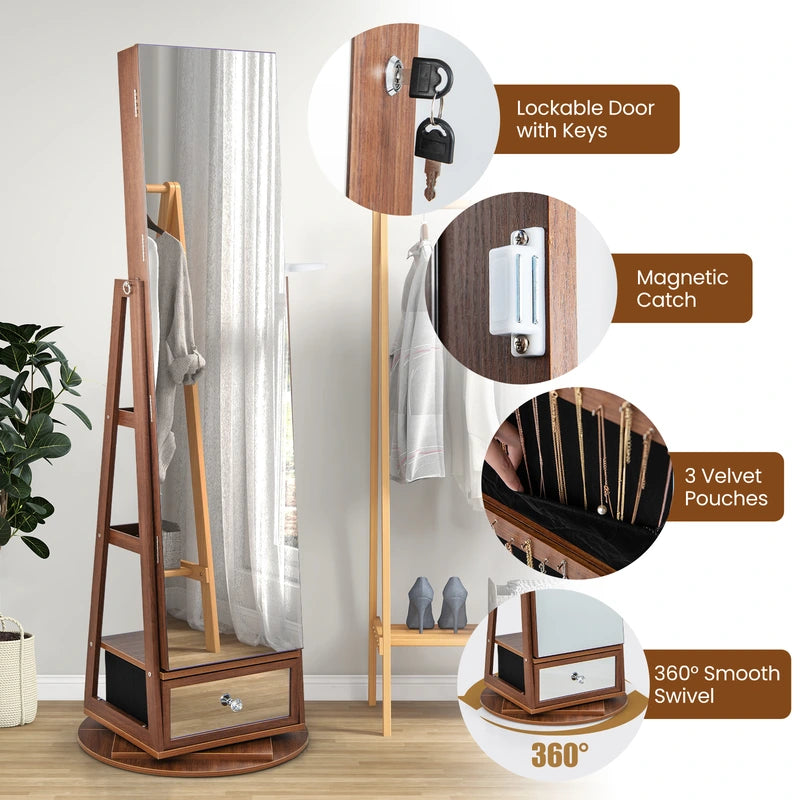 Lockable 360 Swivel Jewelry Cabinet with Full-Length Mirror LED Lights-Walnut