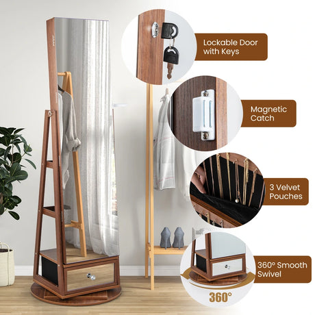 Lockable 360 Swivel Jewelry Cabinet with Full-Length Mirror LED Lights-Walnut