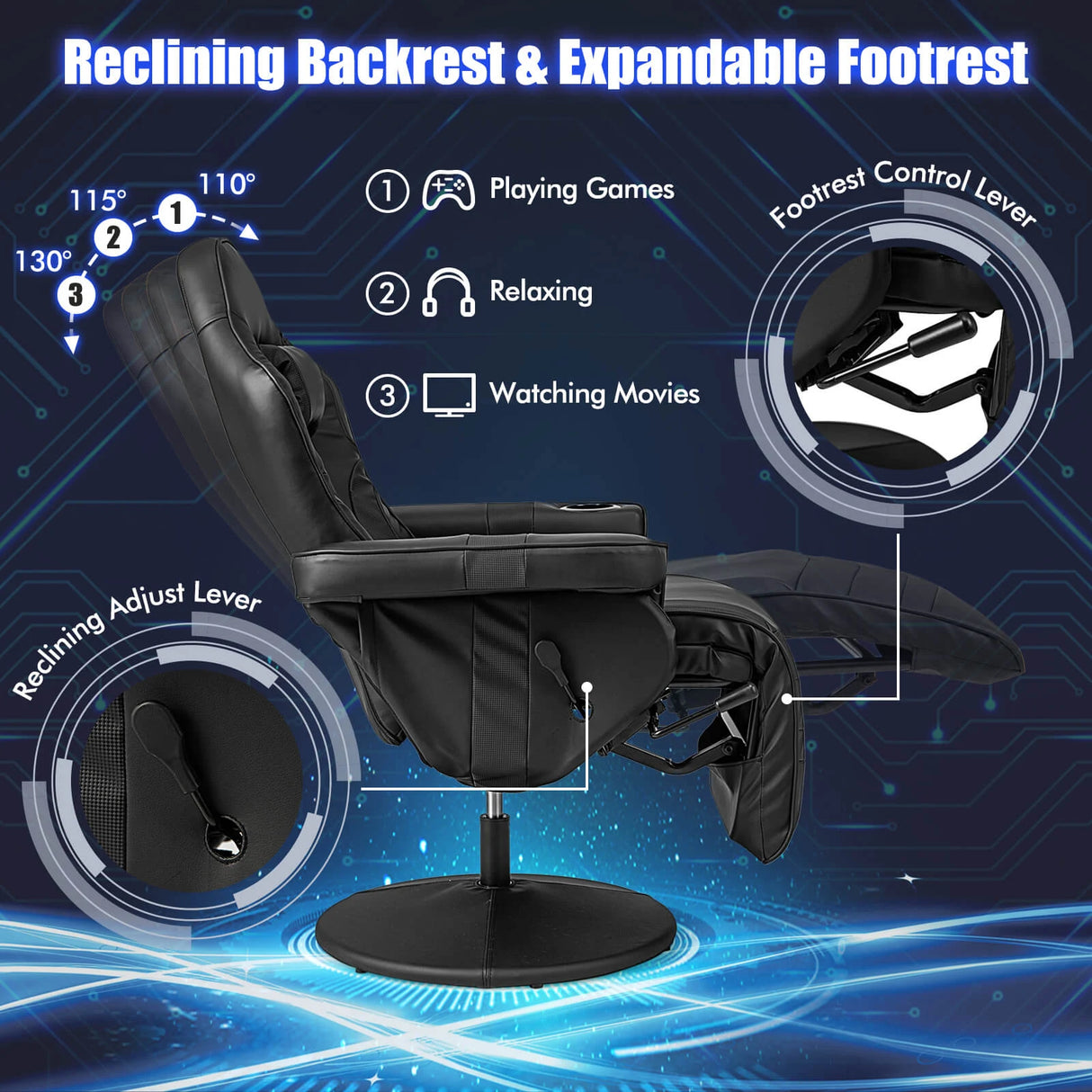 Electric Massage Gaming Chair with Cup Holder and Side Pouch-Black