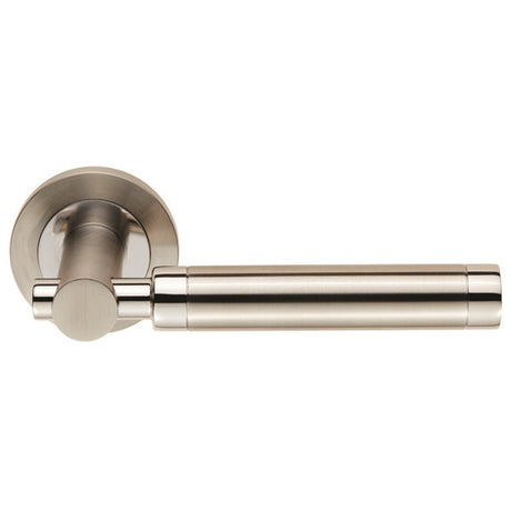 ASTORIA LEVER ON SPRUNG SCREW-ON ROUND ROSE - BRIGHT STAINLESS STEEL/SATIN STAINLESS STEEL - PAIR