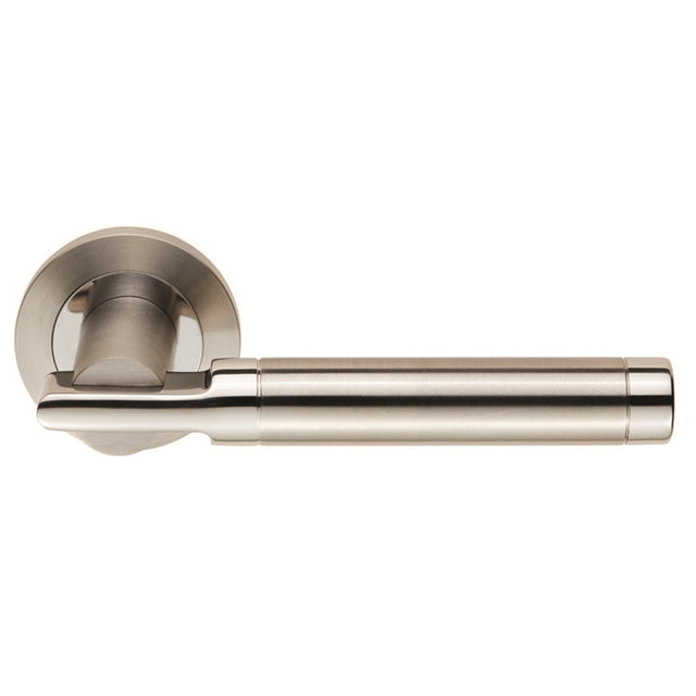 BERNA LEVER ON SPRUNG SCREW-ON ROUND ROSE - BRIGHT STAINLESS STEEL/SATIN STAINLESS STEEL - PAIR