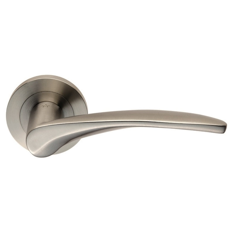 TIROLO LEVER ON SPRUNG SCREW-ON ROUND ROSE - SATIN STAINLESS STEEL - PAIR
