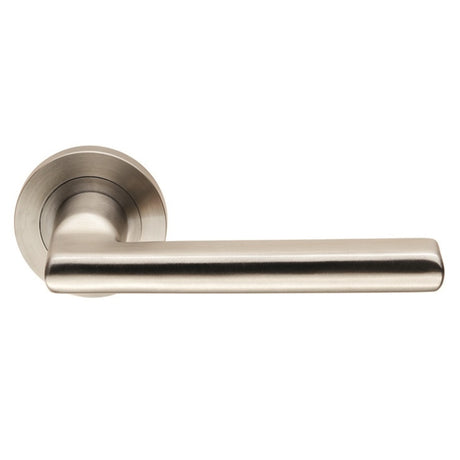 CARLTON LEVER ON SPRUNG SCREW-ON ROUND ROSE - SATIN STAINLESS STEEL - PAIR