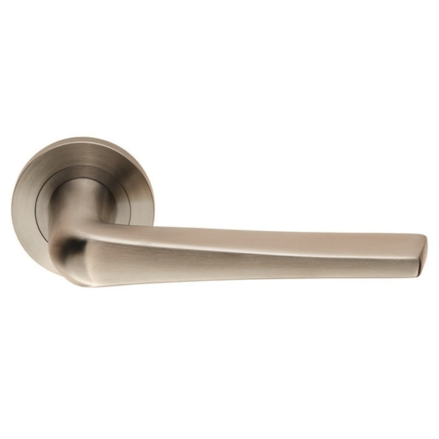 PLAZA LEVER ON SPRUNG SCREW-ON ROUND ROSE - SATIN STAINLESS STEEL - PAIR