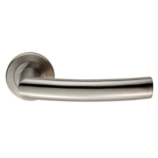 SCIMITAR LEVER ON SPRUNG SCREW-ON ROUND ROSE - SATIN STAINLESS STEEL - PAIR