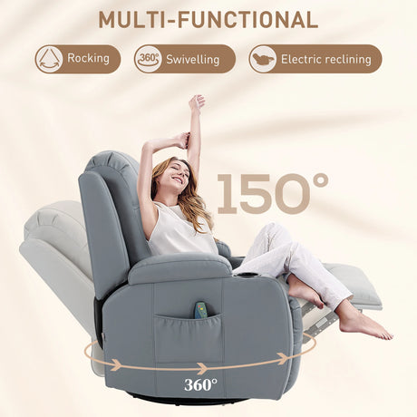 HOMCOM Massage Recliner Chair with 8 Vibration & Heat, PU Leather Recliner Armchair with Cup Holders and Side Pockets, Manual Reclining Chair with Remote, 360 Swivel, Rocking, Light Grey