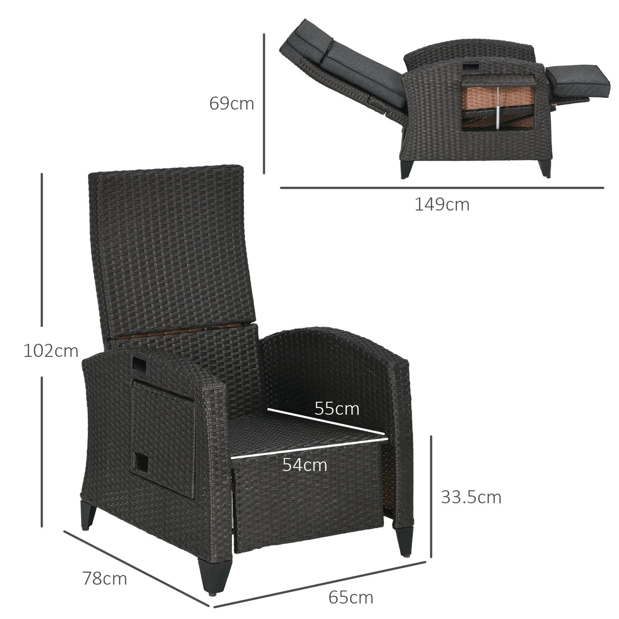 Outsunny Outdoor Recliner Chair with Adjustable Backrest and Footrest, Cushion, Side Tray, Dark Grey/Brown