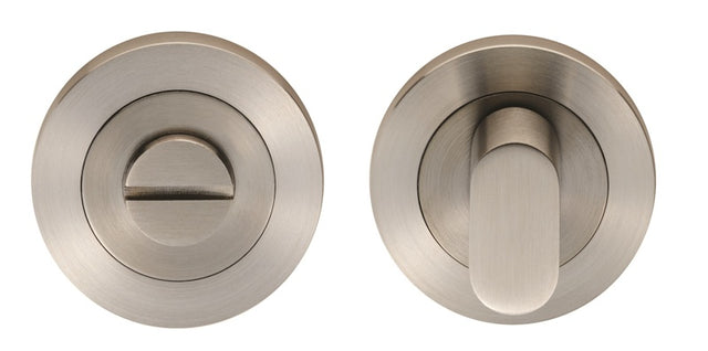 TURN & RELEASE - 5MM SPINDLE - SCREW-ON ROUND ROSE - SATIN STAINLESS STEEL - SET