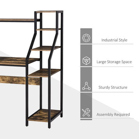 HOMCOM Computer Desk with Bookshelf, Industrial Writing Table with 6 Tier Storage Shelves for Home Office, Bedroom, Study, 150 x 55 x 138cm, Rustic Brown