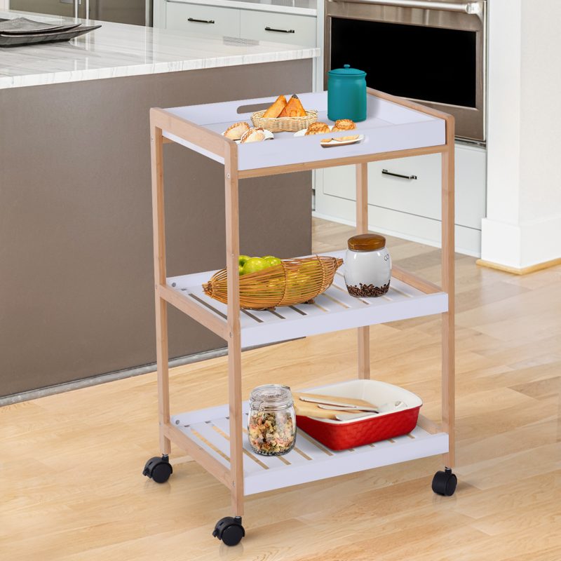 HOMCOM 3-Tier Mobile Kitchen Trolley Cart Storage Shelves Rack Rolling Wheels White 46 x 35 x 74.5 cm