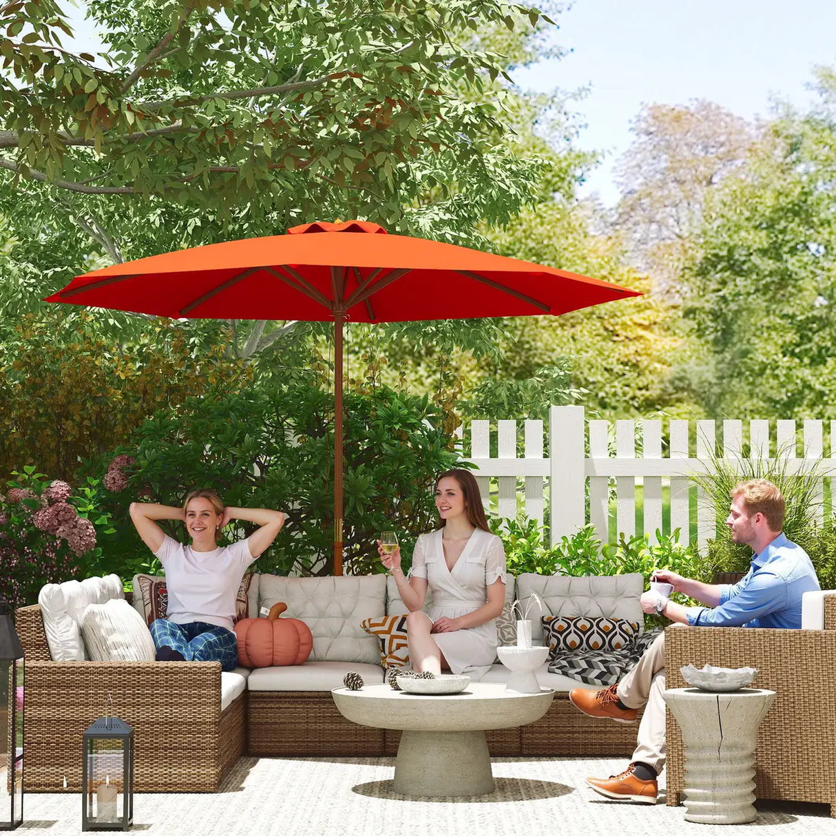 Outsunny 3m Wood Pole Parasol Umbrella - Orange