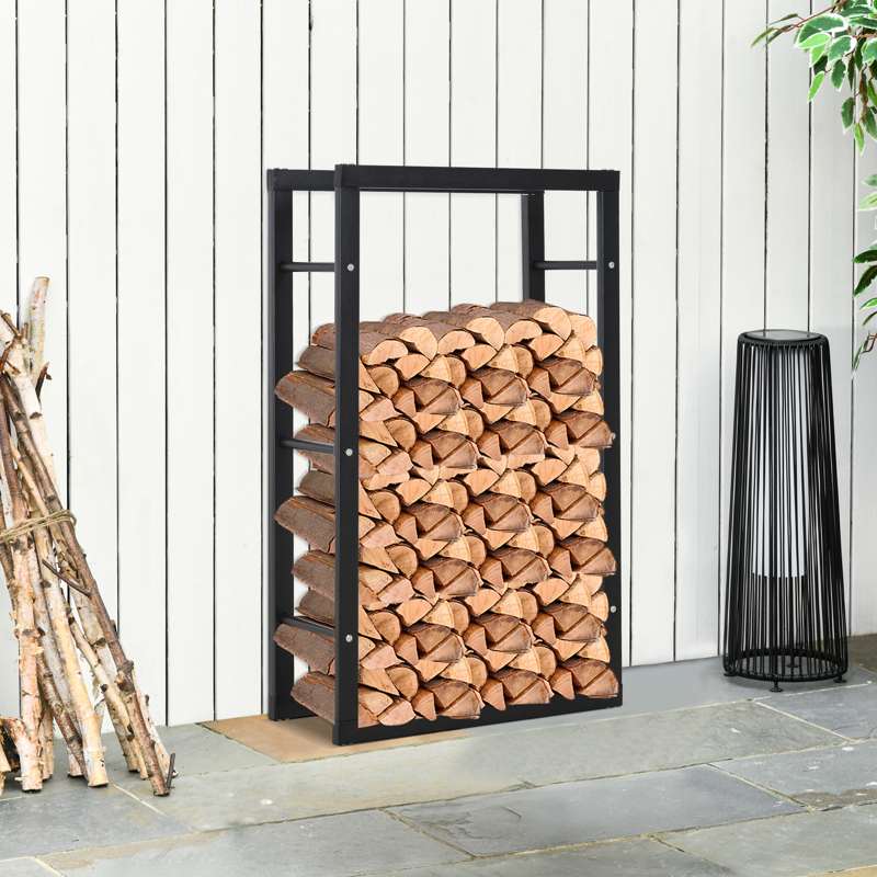 HOMCOM Metal Firewood Log Holder Tall Firewood Rack Indoor Outdoor Fireplace Wood Storage Shelf with Side Rails, Rust-Resistant, Black, 60W x 25D x 100H cm