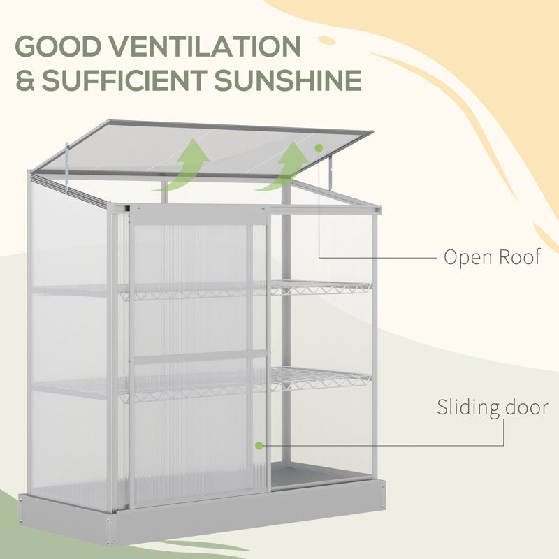 Outsunny 3 Tier Greenhouse Garden Outdoor Cold Frame Plant Flower Growth Transparent Polycarbonate Board Openable Roof Sliding Door w/ Foundation 131L x 58W x 140H cm