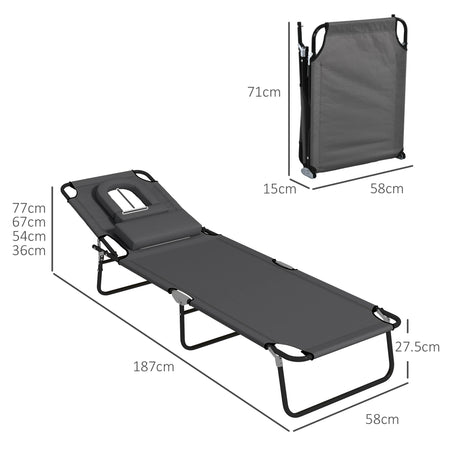 Outsunny Folding Sun Loungers Set of 2 with Face Hole, 4-Position Adjustable Backrest Garden Recliner Chairs Sunbeds, Outdoor Lounge Chairs with 600 D Oxford Cloth Seat, Pillow for Beach, Dark Grey