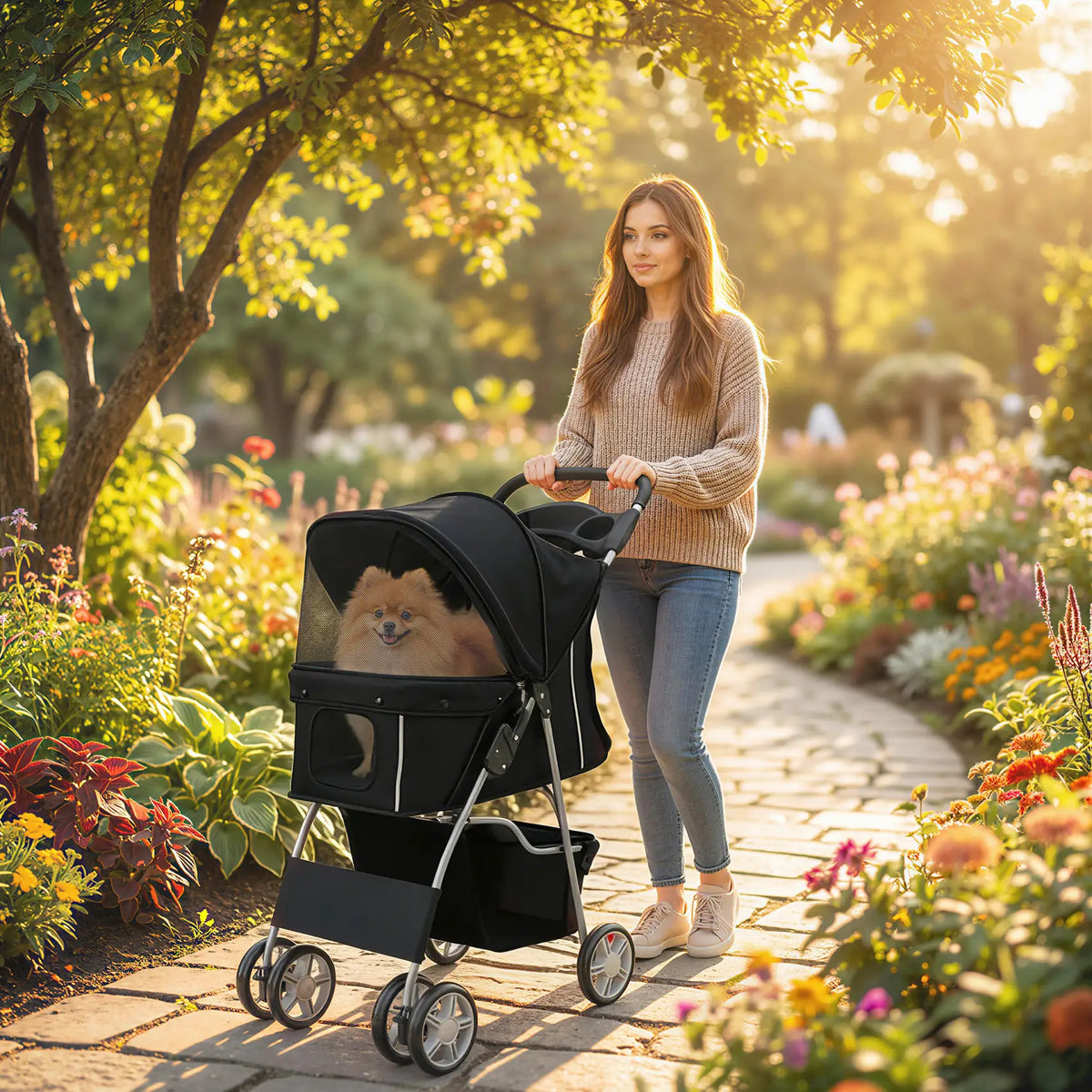 PawHut Dog Pram, Pet Stroller with Reflective Strips, Foldable Cat Stroller with 360 Swivel Wheels, Black