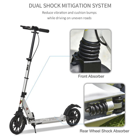 HOMCOM Teen/Adults Aluminium Folding Kick Scooter w/ Shock Mitigation System Silver