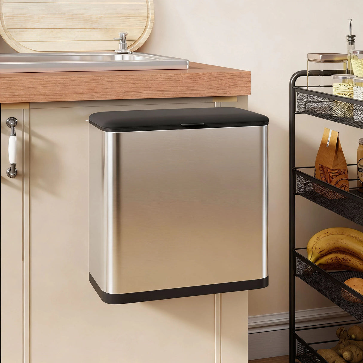 HOMCOM 8L Hanging Kitchen Bin, Rubbish bin with Lid and Removable Inner Bucket for Under Cabinet Door, Under Sink, Office