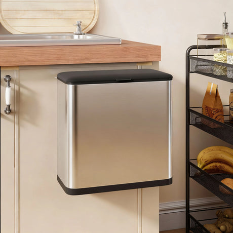 HOMCOM 8L Hanging Kitchen Bin, Rubbish bin with Lid and Removable Inner Bucket for Under Cabinet Door, Under Sink, Office
