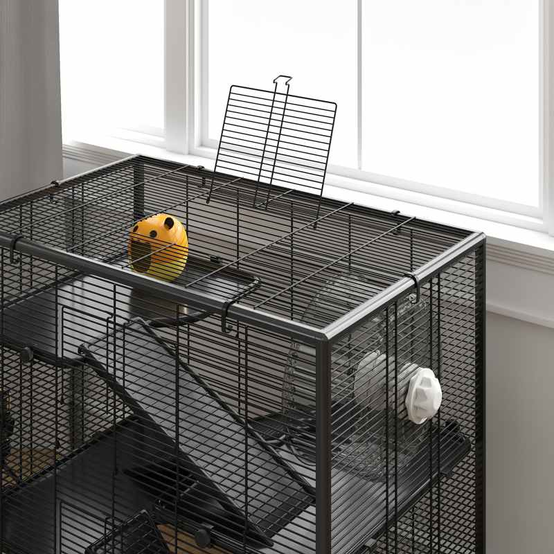 PawHut 4 Tiers Hamster Cage with Deep Tempered Glass Bottom, Hut, Running Wheel, Food Dish, Water Bottle, 78.5 x 48.5 x 80cm