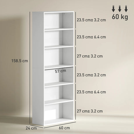HOMCOM Six Shelf Bookcase - White