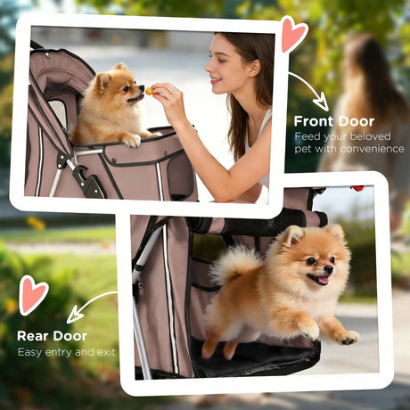 PawHut Dog Pram, Pet Stroller with Reflective Strips, Foldable Cat Stroller with 360 Swivel Wheels, Brown