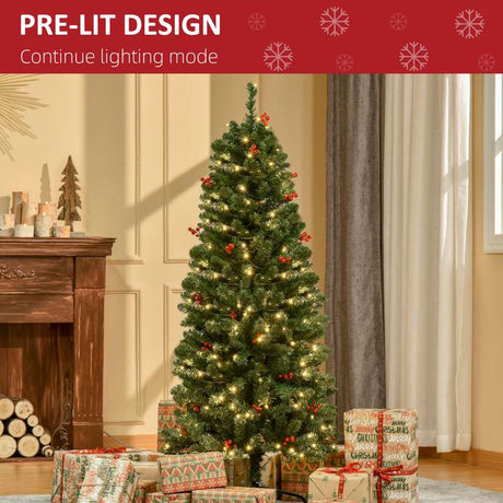 HOMCOM 5FT Prelit Artificial Pencil Christmas Tree with Warm White LED Light, Red Berry, Holiday Home Xmas Decoration, Green