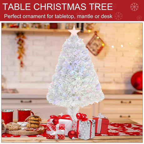 HOMCOM 2.5FT Prelit Artificial Tabletop Christmas Tree with Fibre Optics Holiday Home Xmas Decoration for Table and Desk, White