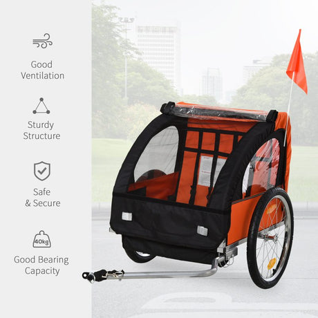 HOMCOM 2 Seat Bike Trailer Bicycle wagon for Kids Child Steel Frame Safety Harness Seat Carrier Orange Black 130 x 76 x 88 cm